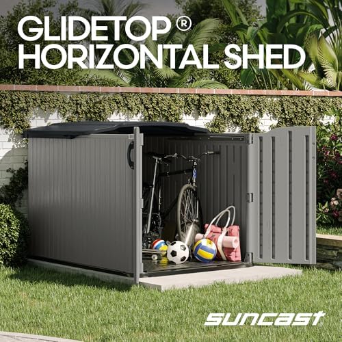 Suncast Glidetop Horizontal Shed, Resin Outdoor Storage Shed, Dove Gray