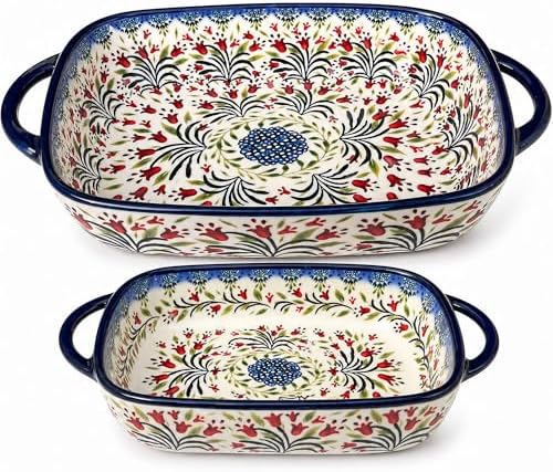 2-Piece Hand-Painted Polish Pottery Style Ceramic Baking Dish Set
