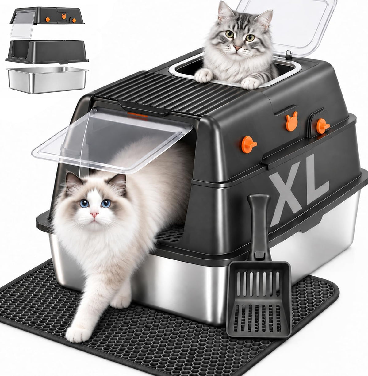 Stainless Steel Litter Box with Lid, Extra Large Enclosed Cat Litter Box for Big Cats