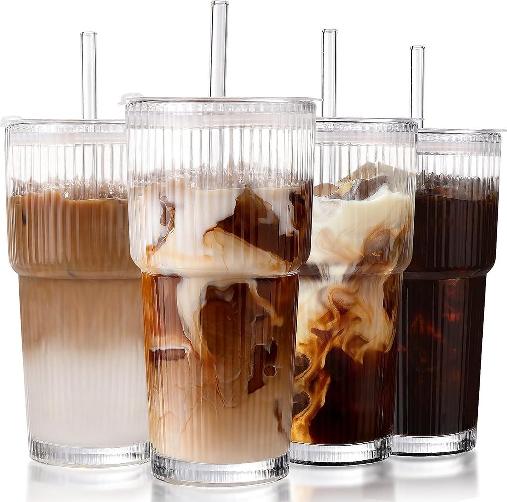 Iced Coffee Cups with Lids,Glass Cups with Lids and Straws,4 Coffee Tumbler