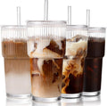 Iced Coffee Cups with Lids,Glass Cups with Lids and Straws,4 Coffee Tumbler