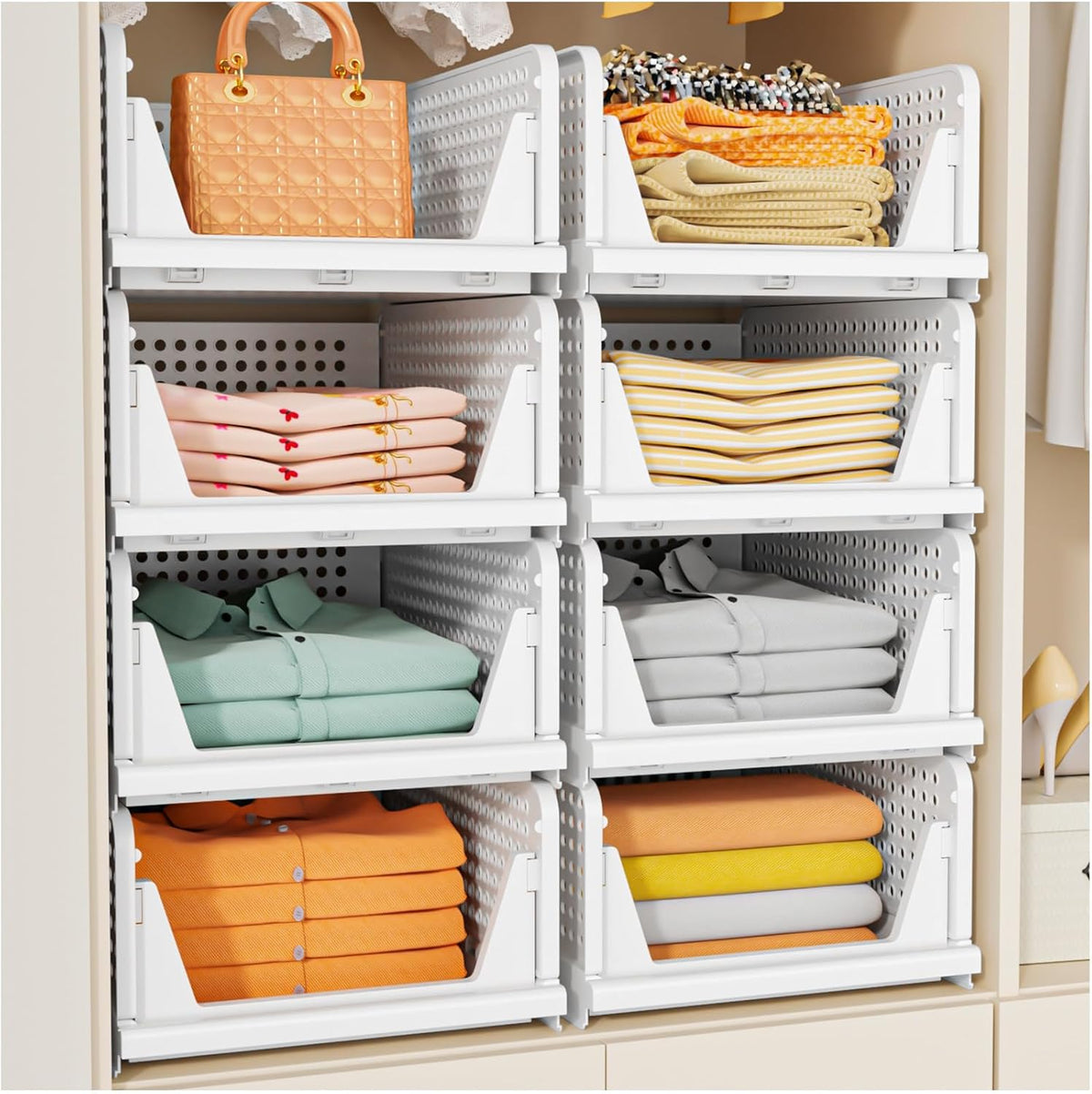 SNSLXH 5 Pack Stackable Closet Storage Basket, Multifunctional & Foldable