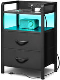 Nightstand with Rear Charging Station, LED Light, 2 Drawers, Black