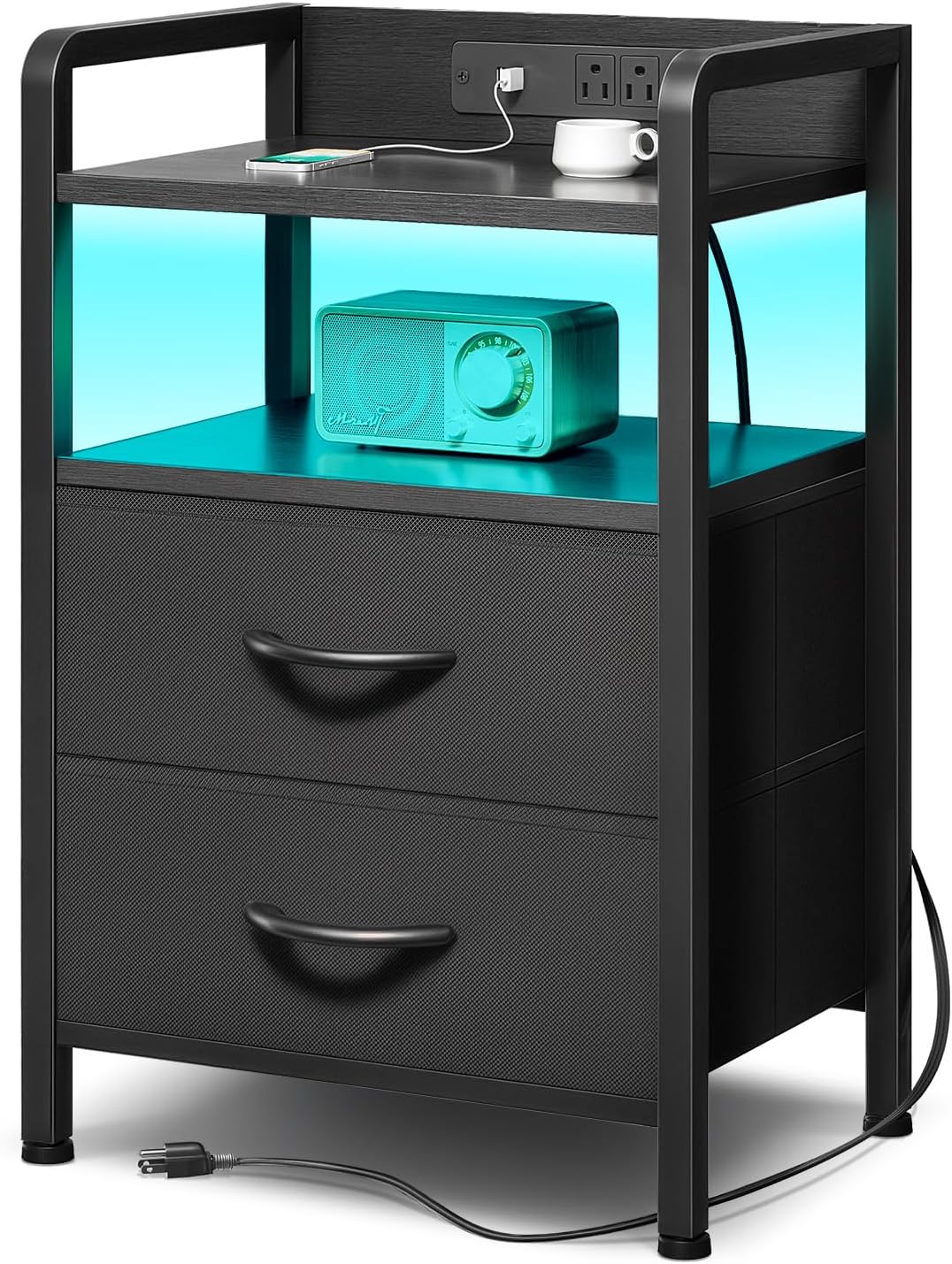 Nightstand with Rear Charging Station, LED Light, 2 Drawers, Black