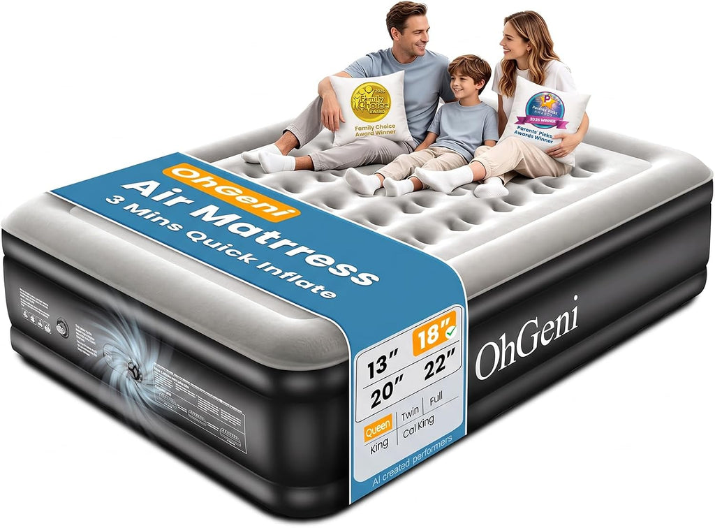 OhGeni Air Mattress Queen with Built in Pump, 18" Raised Blow up Bed, 800lb