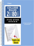Five Star Spiral Notebook, 2 Subject, College Ruled Paper, 6" x 9.5", 80 Sheets
