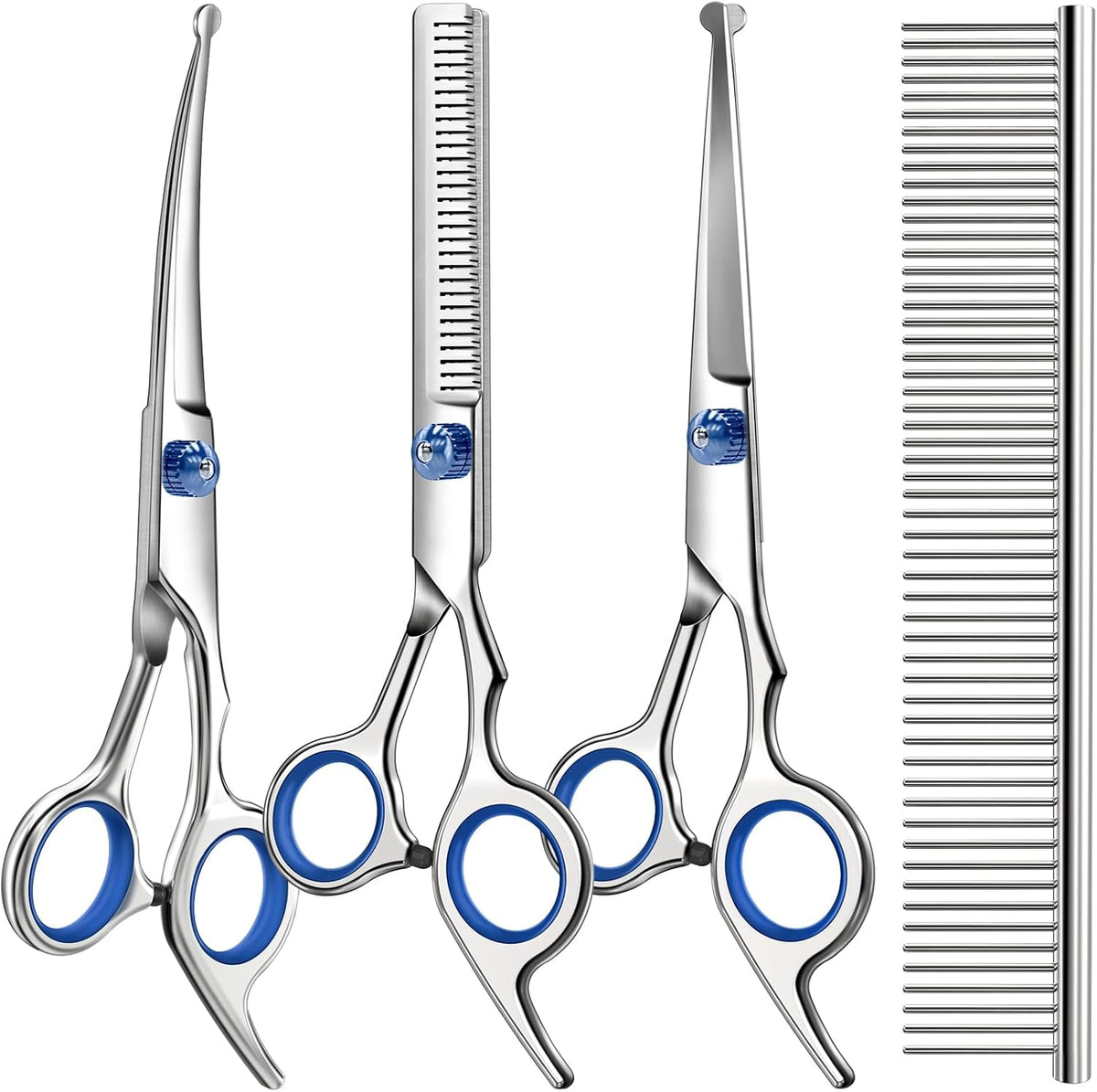 Professional 4 in 1 Dog & Cat Grooming Scissors Kit with Safety Round Tips