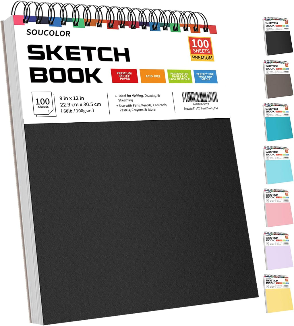 Soucolor 9" x 12" Sketch Book, 100 Sheets Top Spiral Bound Sketchbook