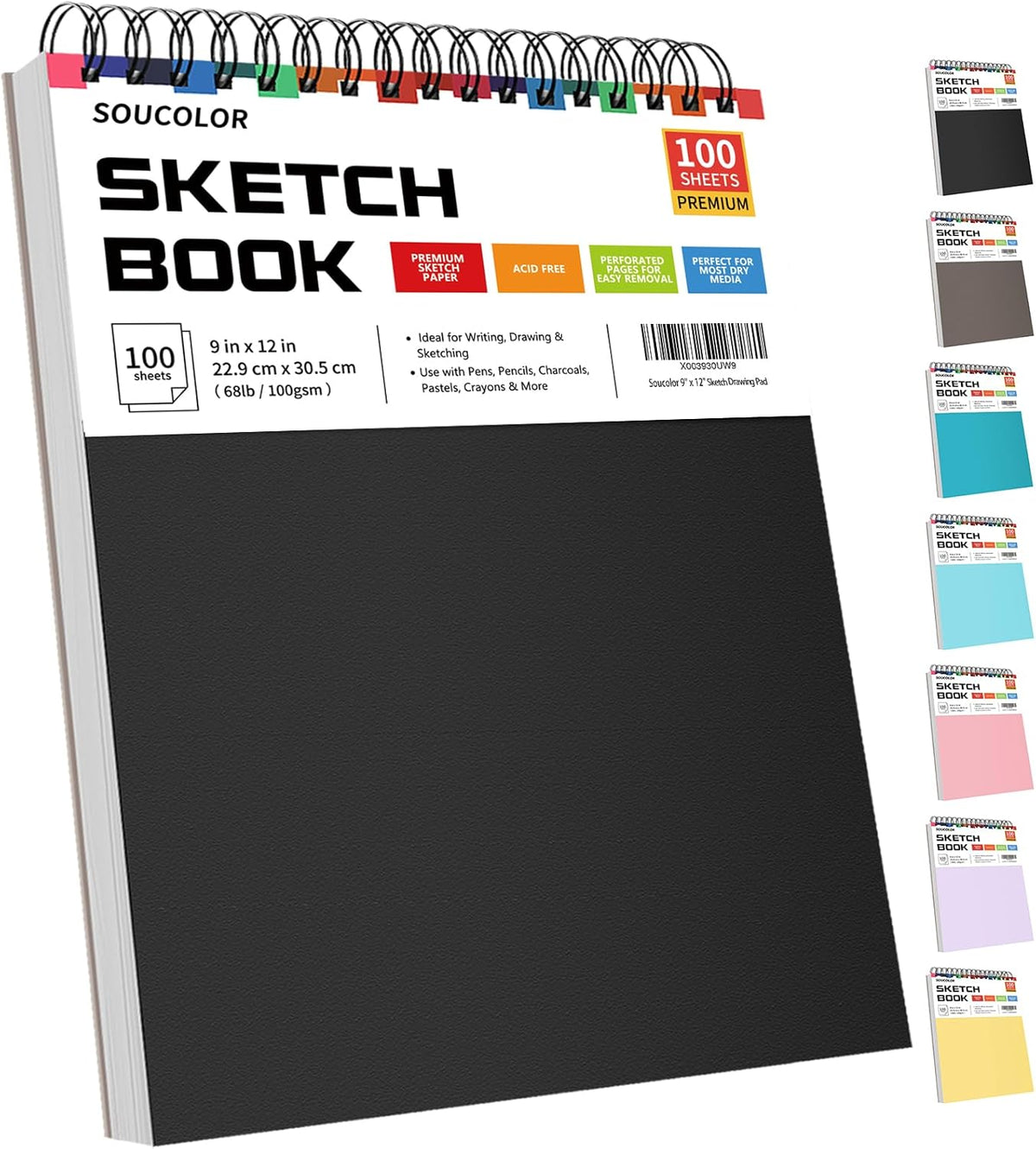 Soucolor 9" x 12" Sketch Book, 100 Sheets Top Spiral Bound Sketchbook