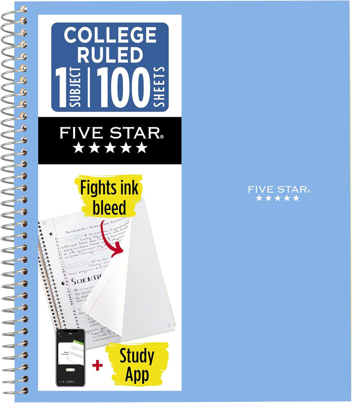 Five Star Spiral Notebook + Study App, 1 Subject, College Ruled 8.5" x 11" Paper
