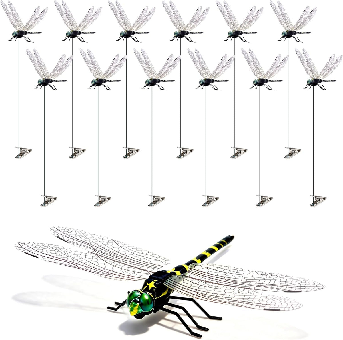 12 Pack 3D Dragonfly Clips, Fake Dragonflies with Stakes, Realistic Plastic - dragonfly clips for hats
