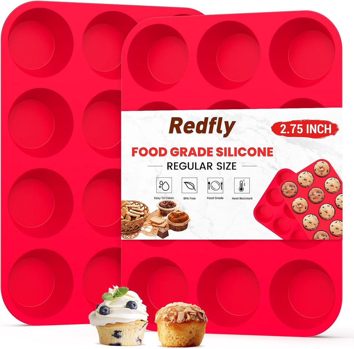 Redfly 2 Pack Silicone Muffin Pans for Baking & Cupcake Pan - 12 Cup Regular - silicone muffin baking molds