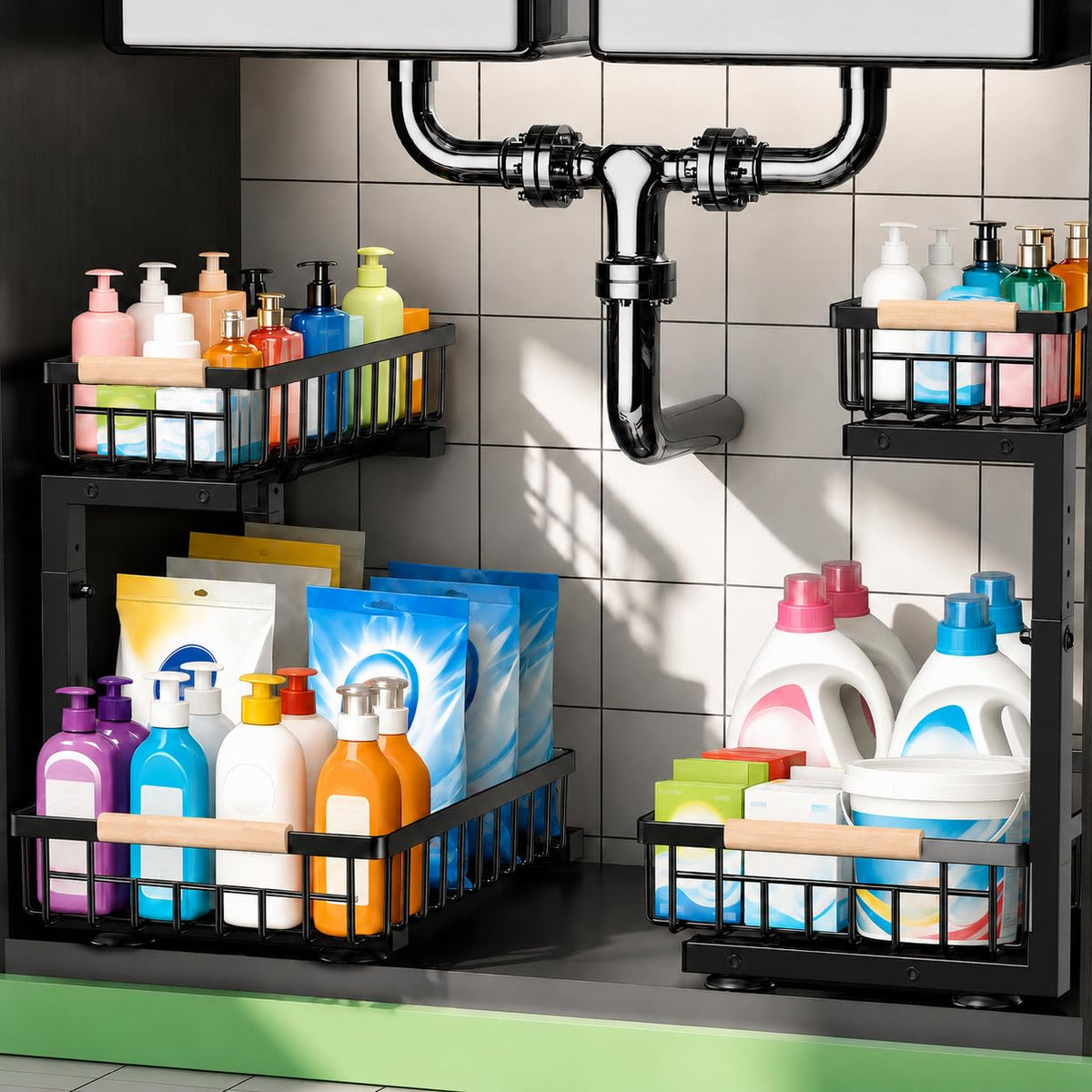 Under Sink Organizer 2 Pack, Double Slide Out Metal Shelf, Black - under sink organizer bathroom