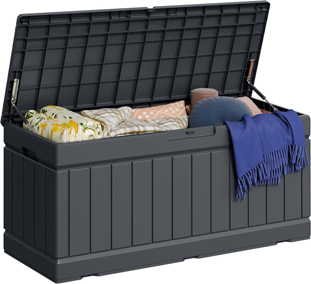 Greesum 82 Gallon Resin Deck Box, All Weather Outdoor Storage, Dark Gray