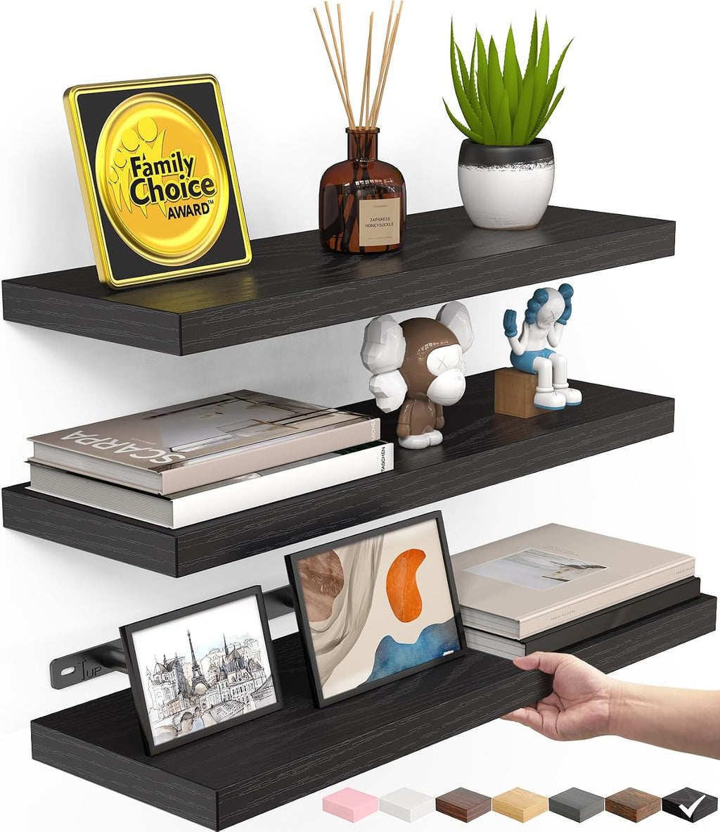 BAYKA Black Floating Shelves 15.7in, Set of 3, Wall Mount Rustic Wood Shelf - bayka floating shelves instructions