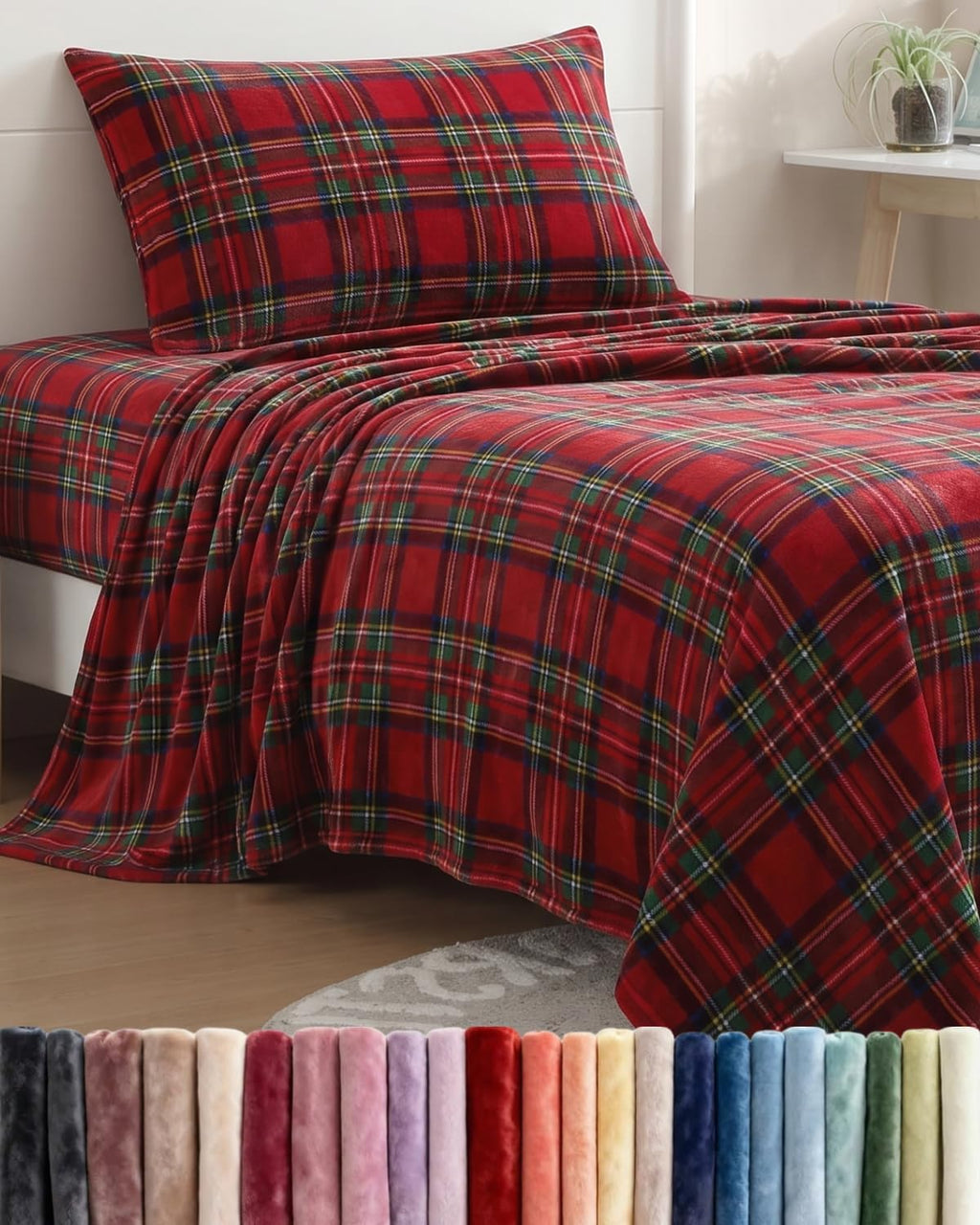 Fleece Sheets Twin XL Size Set - 3-Piece Velvet Flannel Sheet Set - Tartan