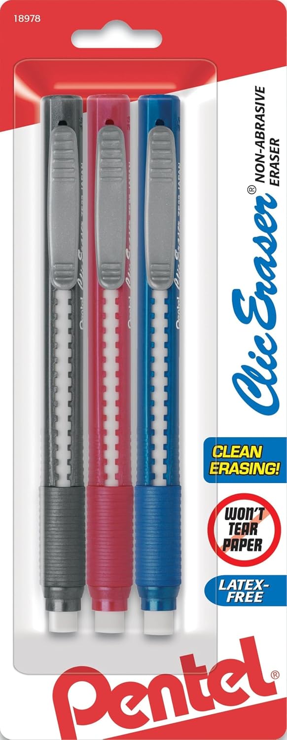 Pentel Clic Retractable Eraser with Grip, Assorted Barrel Colors