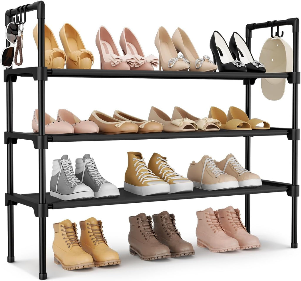3 Tier Shoe Rack for Closet, Shoe Organizer with 5 Hooks