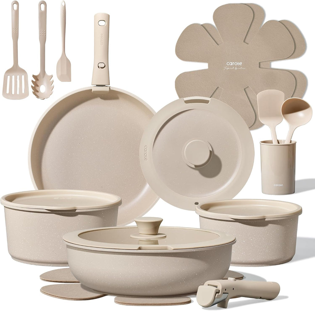CAROTE 21pcs Pots and Pans Set Non Stick, Detachable Handle Cookware Sets