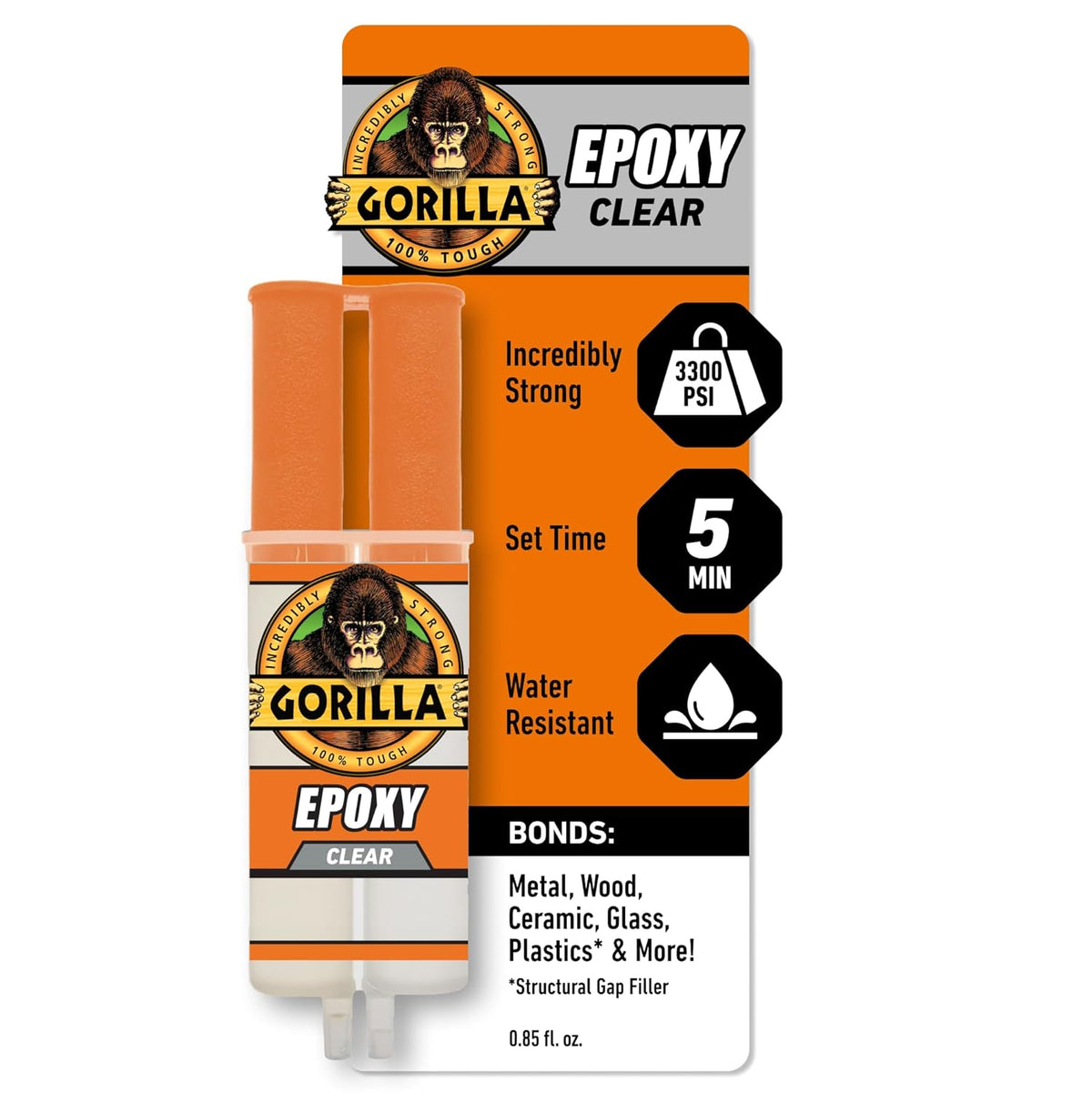 Gorilla 2 Part Epoxy, Clear Epoxy, 0.85 Ounce Syringe