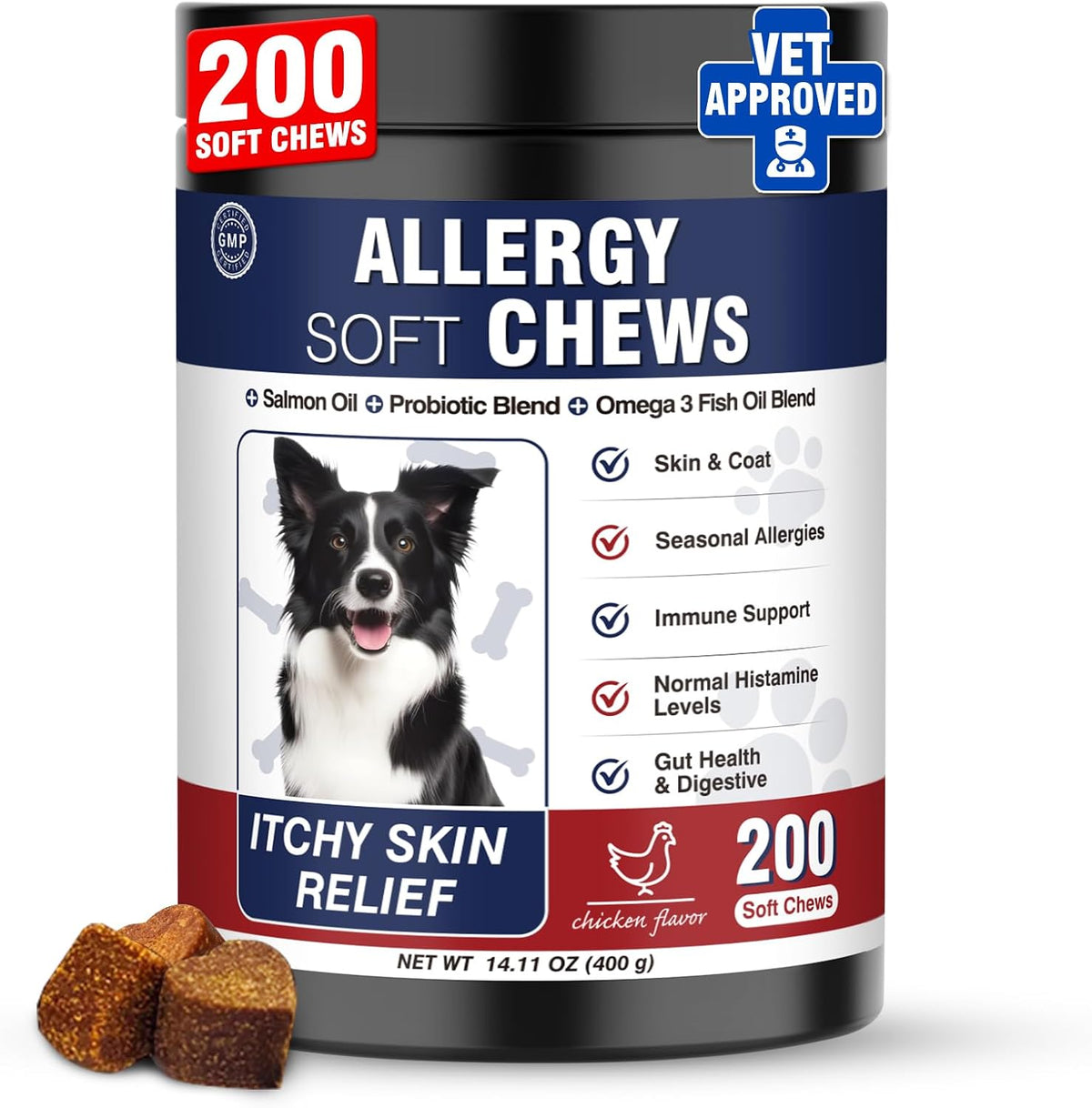 Dog Allergy Chews 200 Treats, Dog Allergy and Itching Skin Relief Bites Immune Support