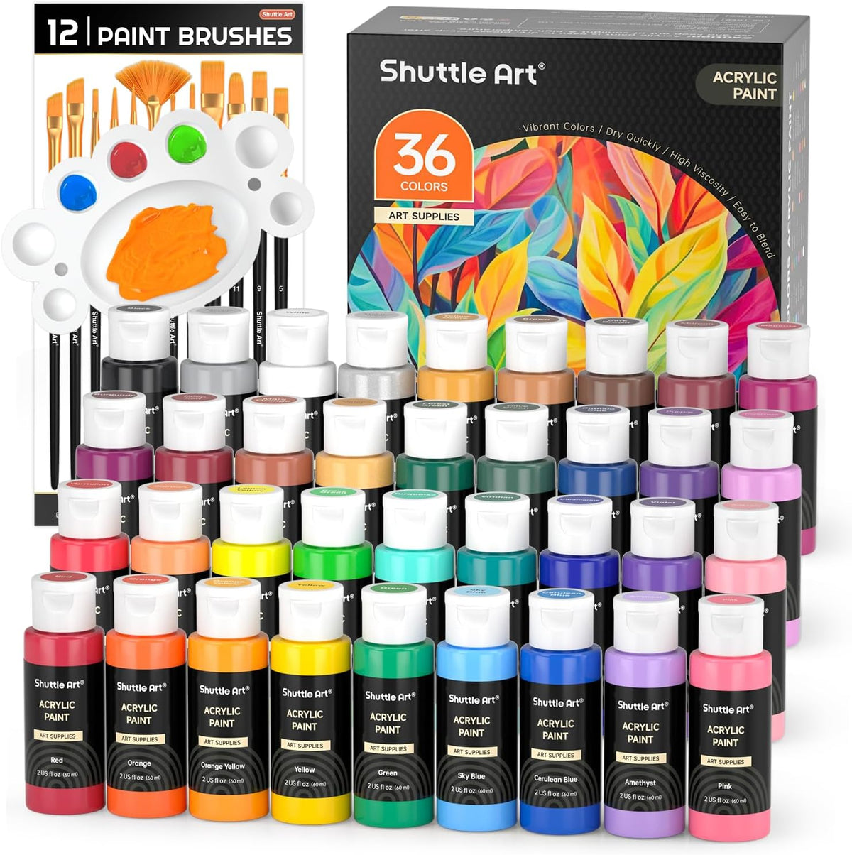 Shuttle Art Acrylic Paint, 36 Colors Acrylic Paint Set with Brushes & Palette
