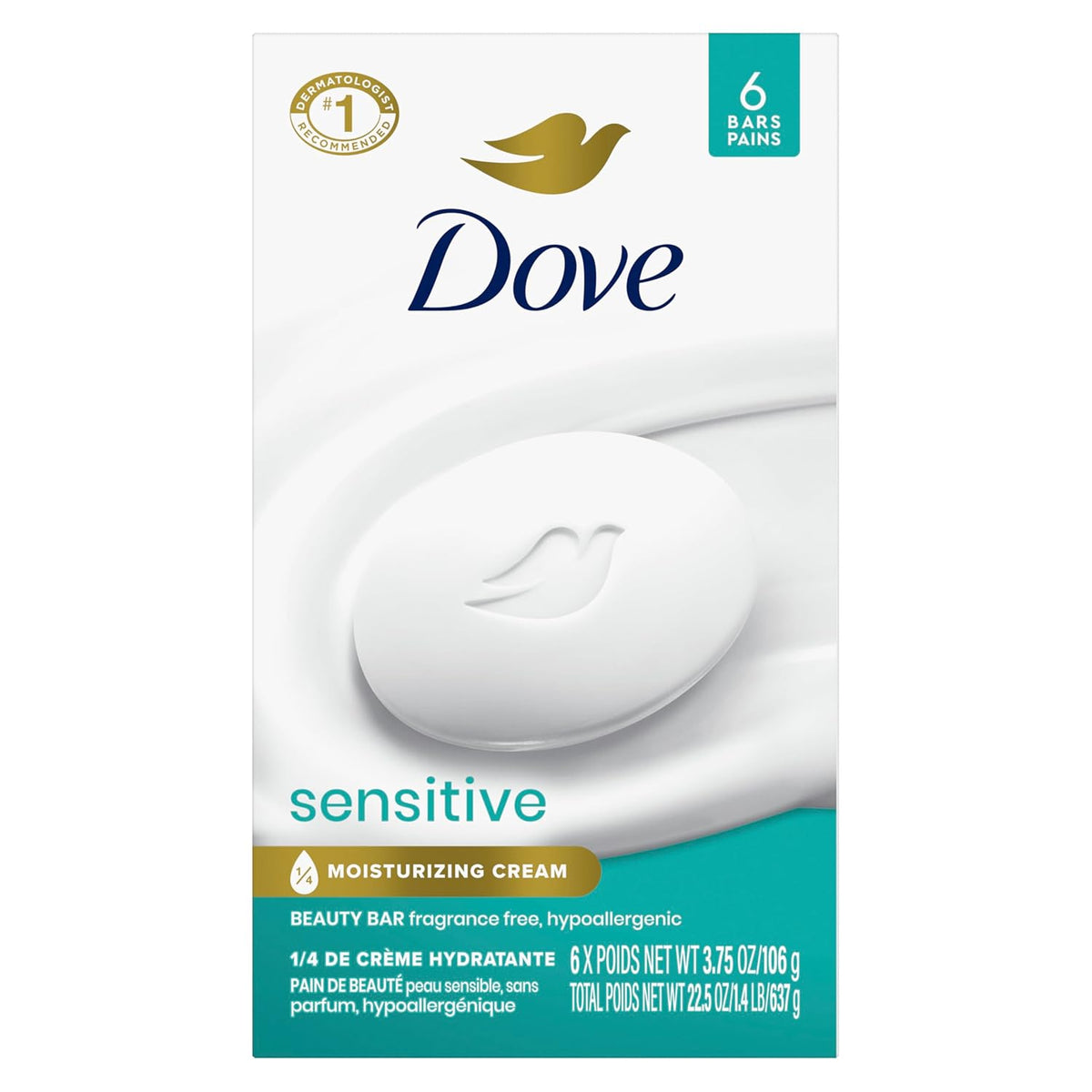 Dove Beauty Bar Soap Sensitive, 6 Bars for Sensitive Skin, Fragrance Free
