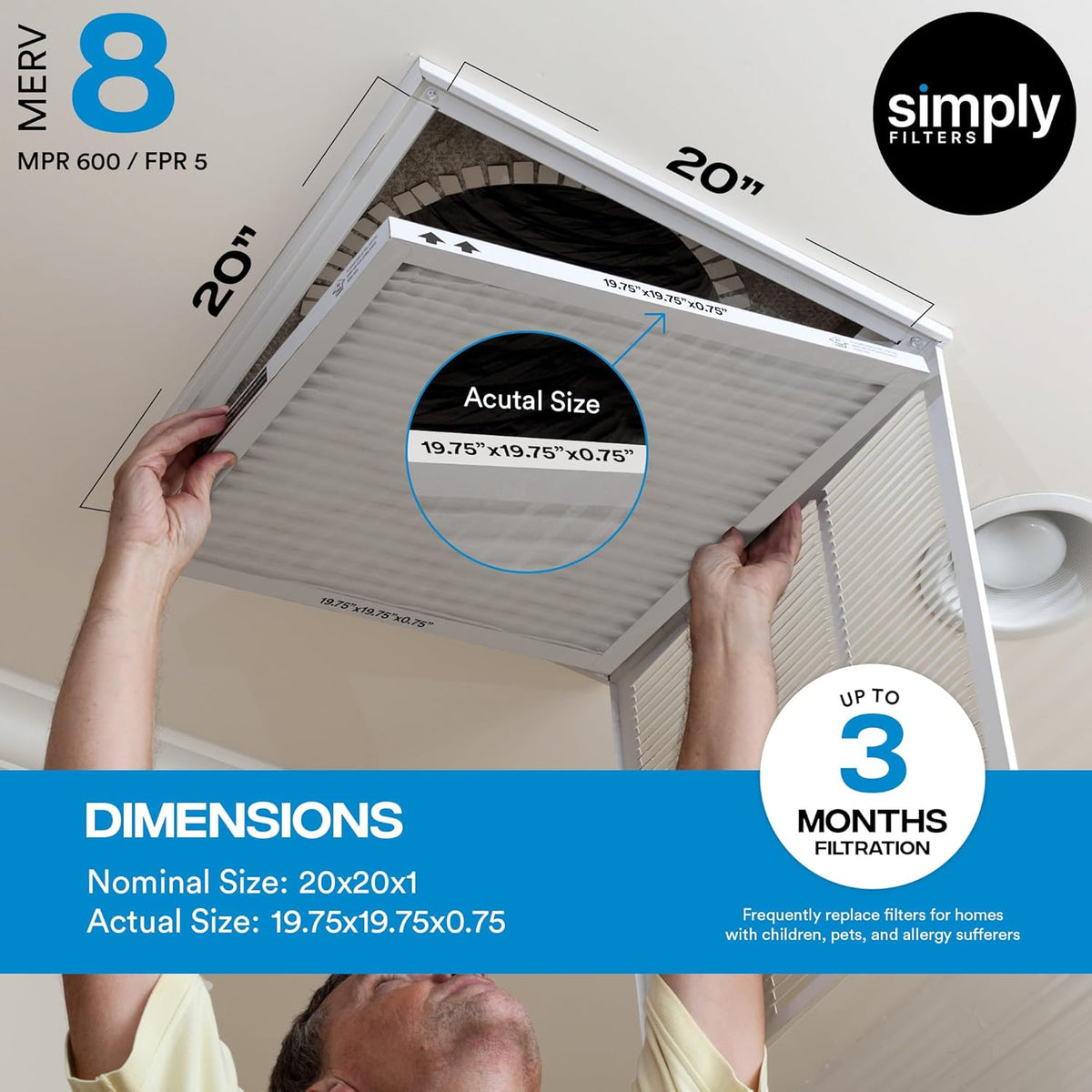 Simply 20x20x1 Air Filter, Merv 8, MPR 600, 6 Pack, Furnace Air Filter for