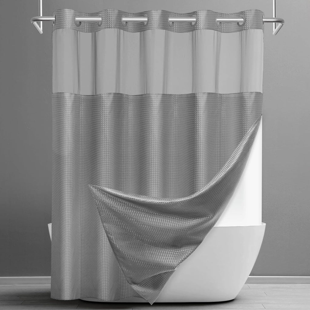 Ringless Waffle Shower Curtain with Snap in Liner Set, 71x74, Grey