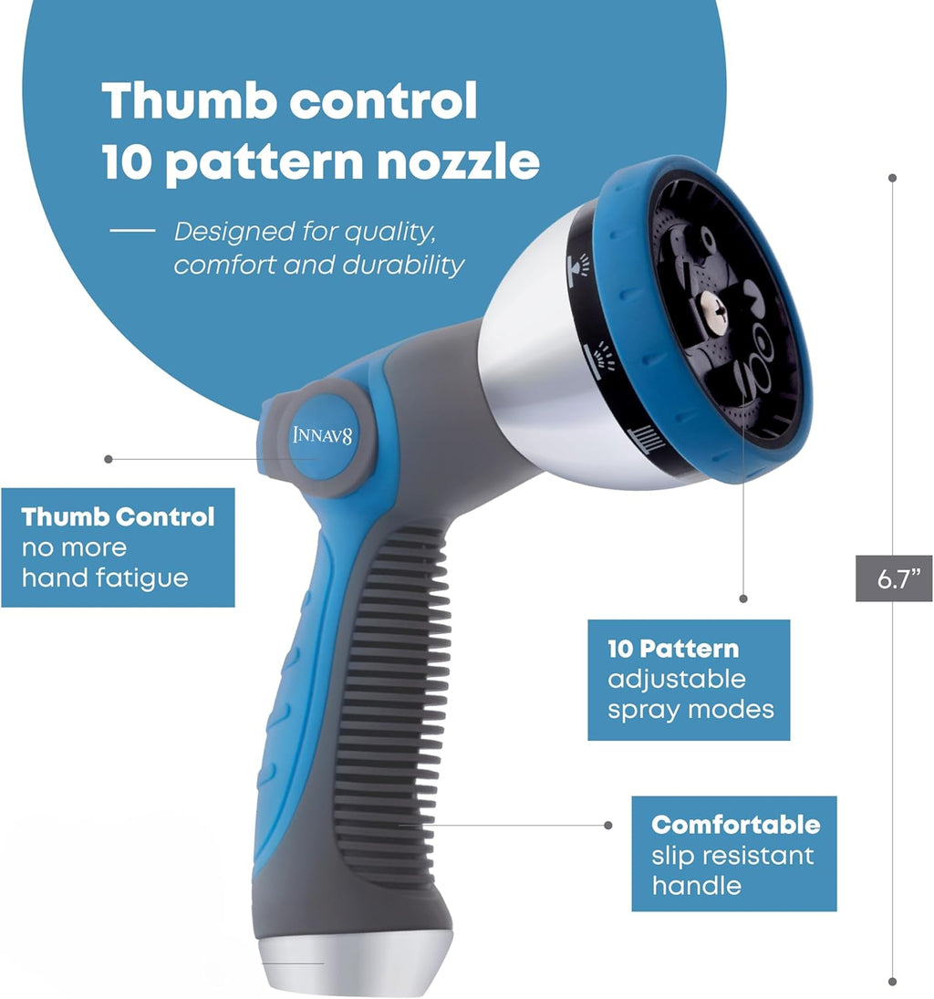 INNAV8 Garden Hose Nozzle Heavy Duty - Features 10 Spray Patterns, THUMB - garden hose nozzle sprayer heavy duty
