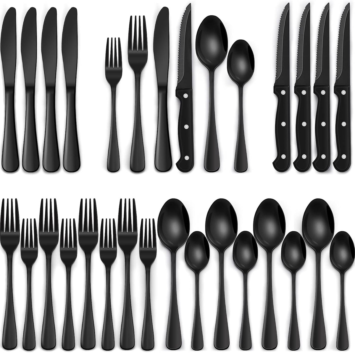 EWFEN 24-Piece Black Silverware Set with Steak Knives, Black Flatware Set
