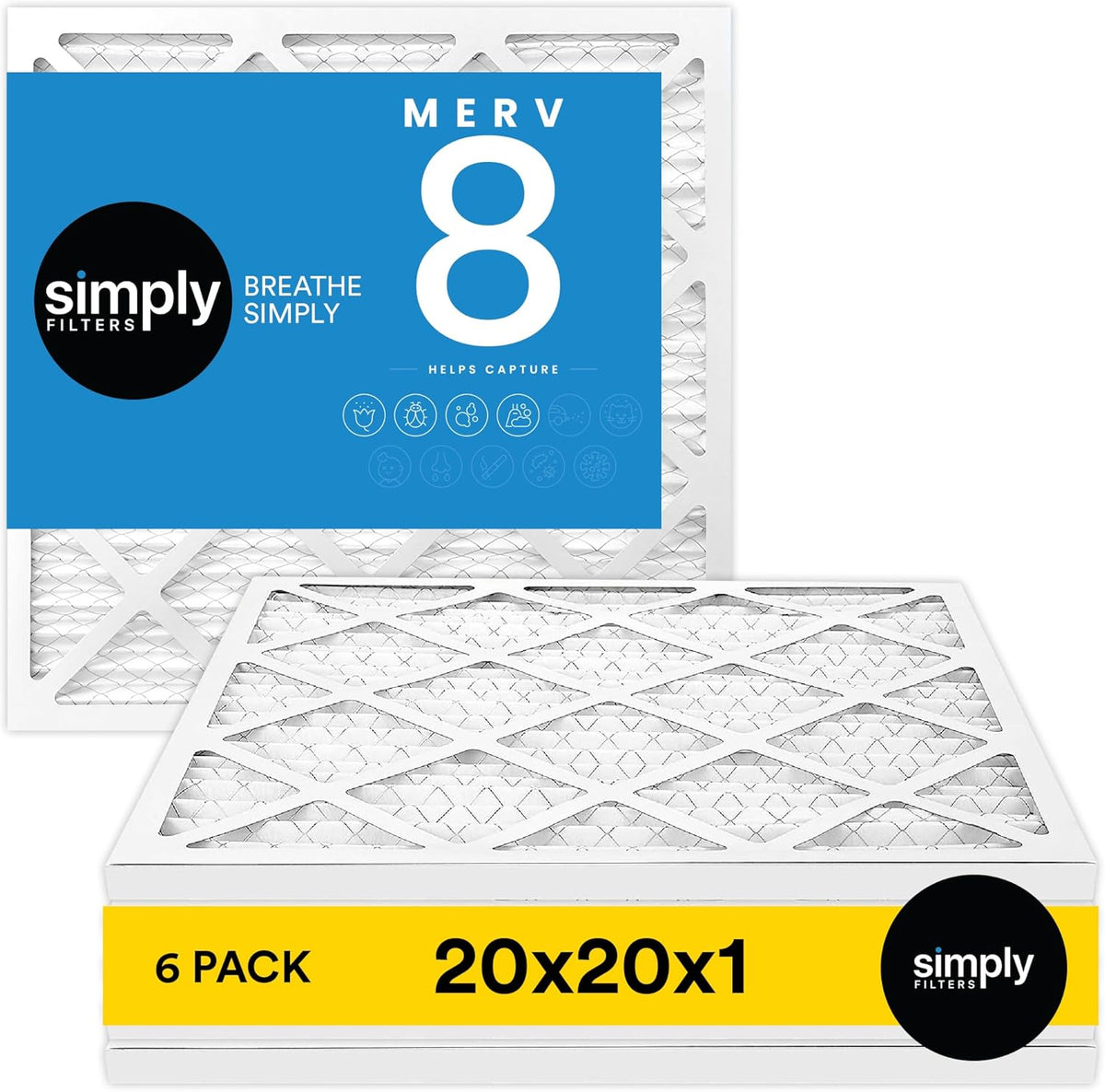 Simply 20x20x1 Air Filter, Merv 8, MPR 600, 6 Pack, Furnace Air Filter