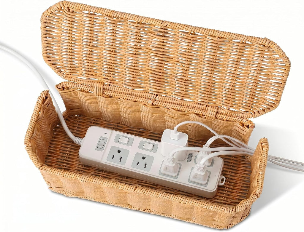 Rattan Cable Management Box, Cord Organizer to Hide Cords & Power Strip - large rattan cable management box