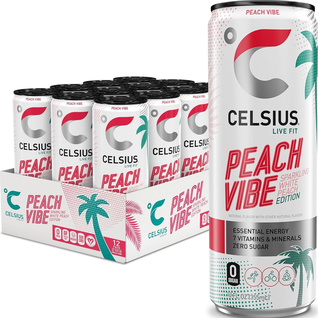 CELSIUS PEACH VIBE Sparkling White Peach, Sugar Free Energy Drink, 12 Fl Oz - celsius peach vibe ingredients