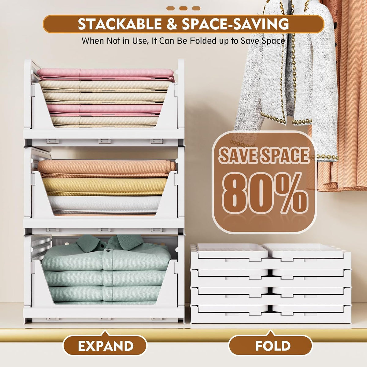 SNSLXH 5 Pack Stackable Closet Storage Basket, Multifunctional & Foldable