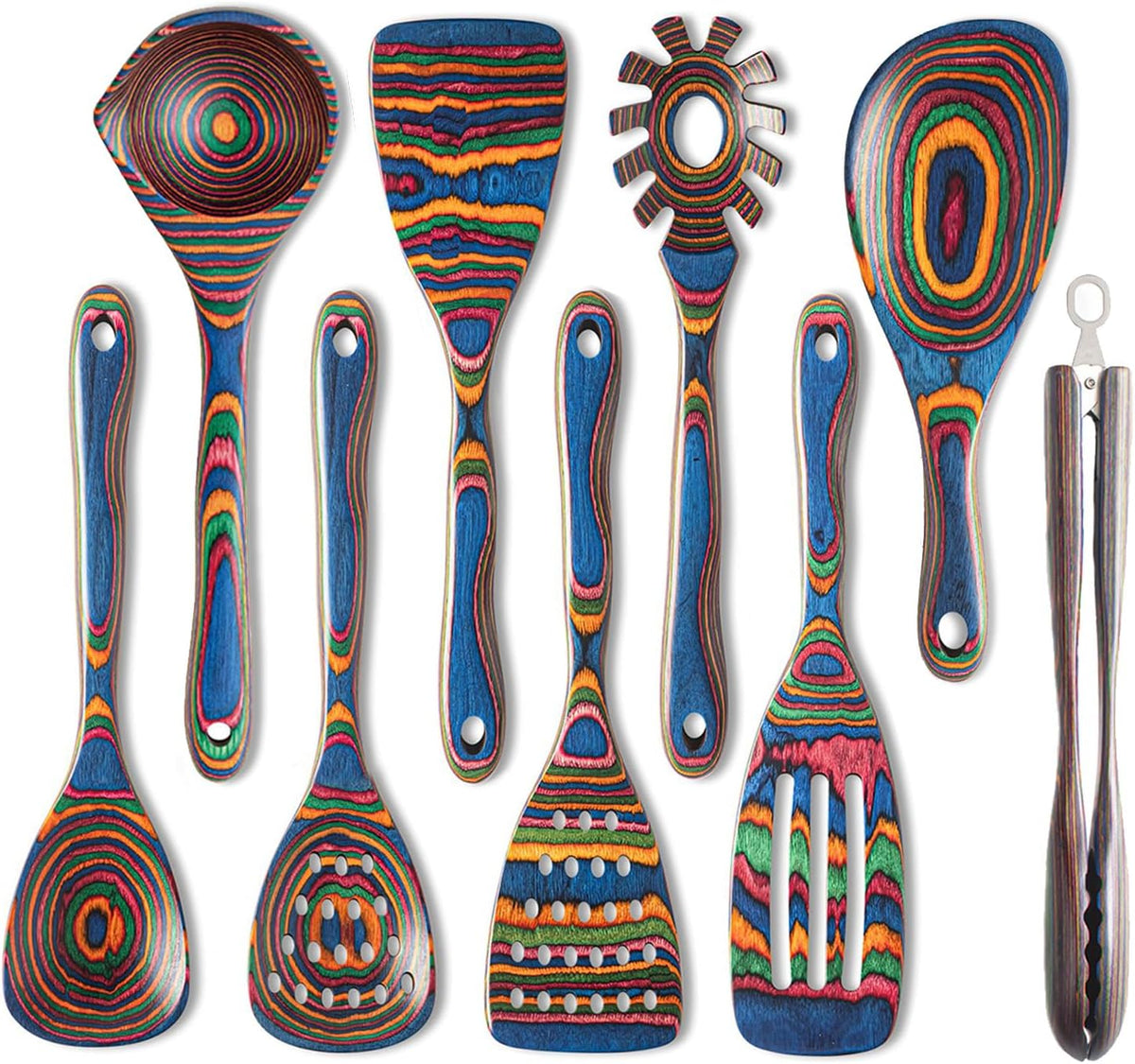 9-Piece Blue Pakkawood Cooking Utensil Set,Soup Ladle with Pour Spout and Wooden Tongs