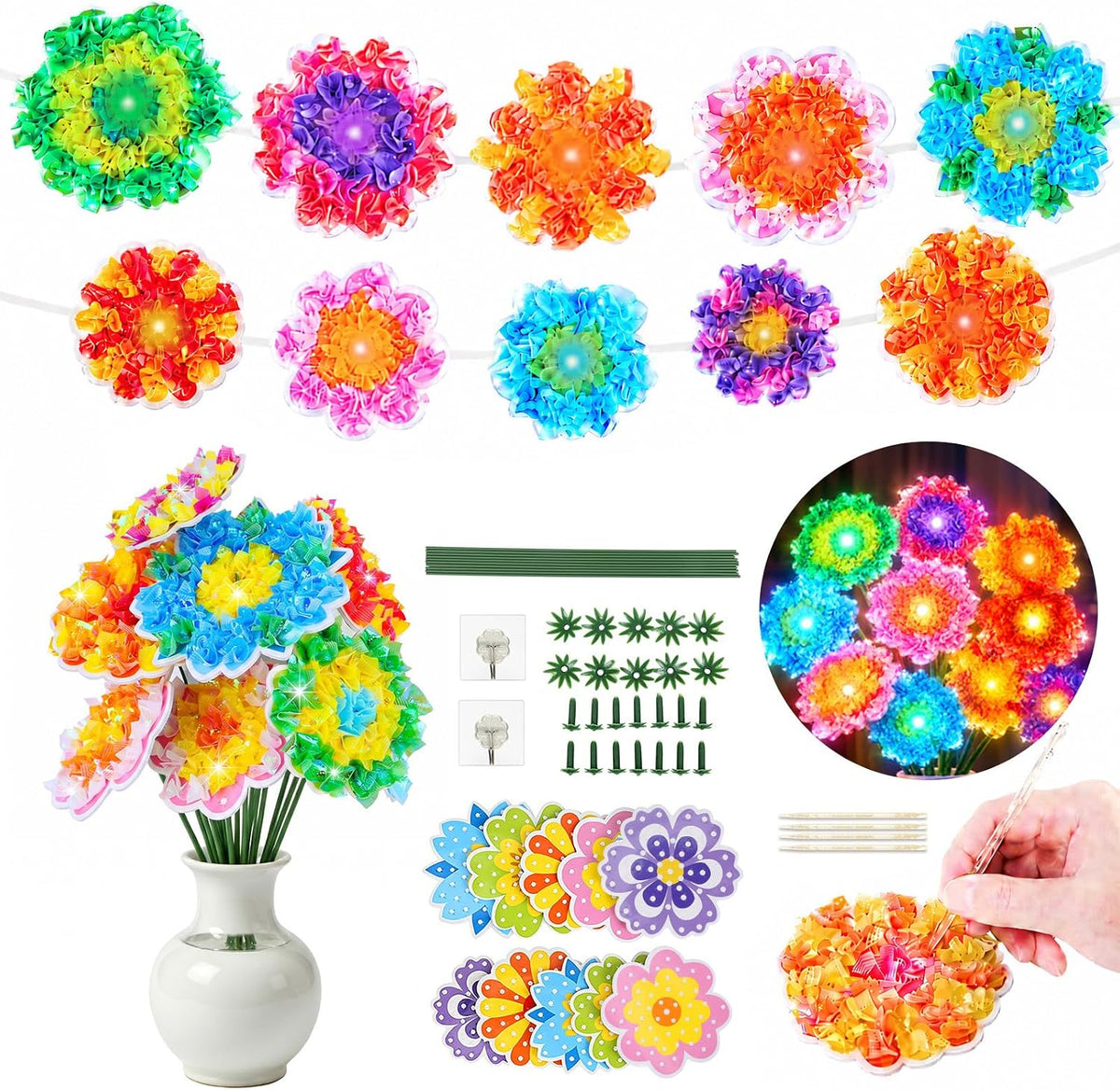 Fennoral 10 Pack Flower Poke in Craft Kits for Kids with LED Lights Make You Own DIY