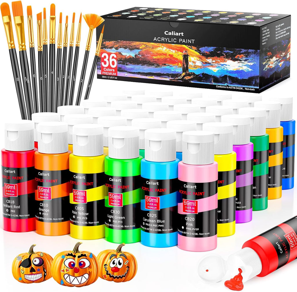 Caliart Acrylic Paint Set of 36 Colors with 12 Brushes