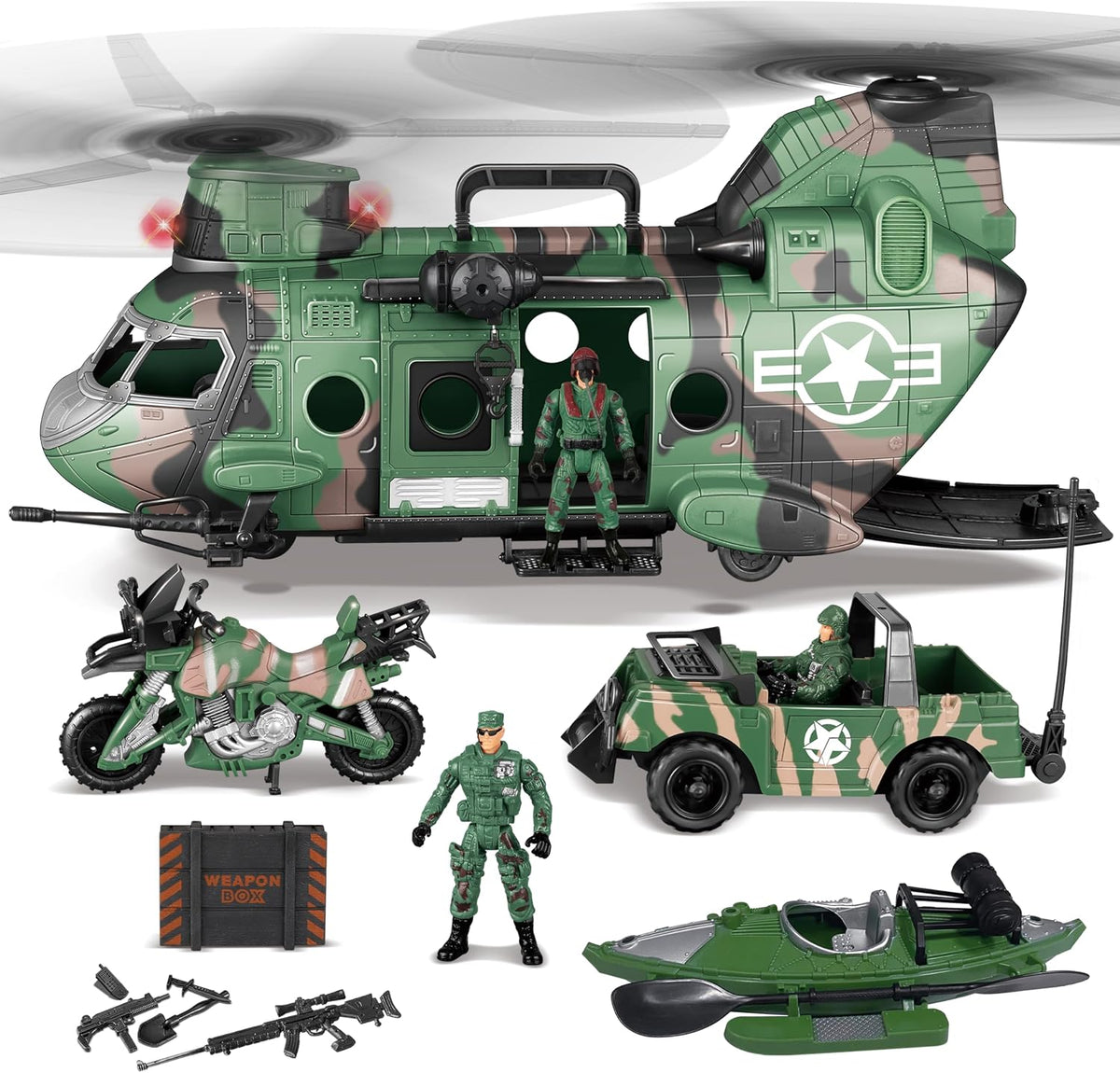 JOYIN 10-in-1 Military Helicopter Toys Set with Light, Sound, Trucks, Boat, Bike