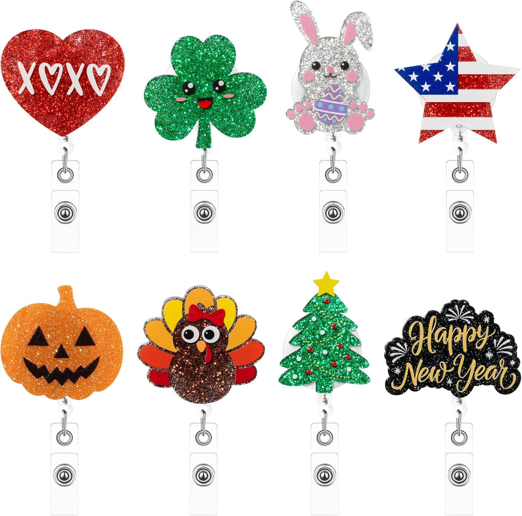 Happy Holiday Badge Reels, 8Pcs Nurse Doctor Seasonal Badge Holders