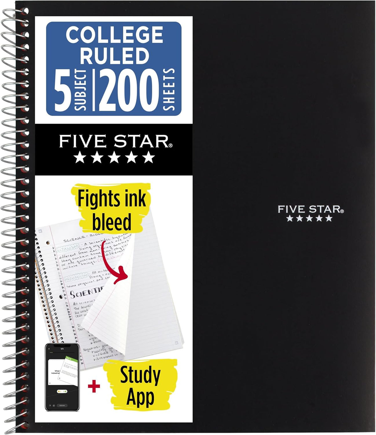 Five Star Spiral Notebook + Study App, 5 Subject, College Ruled Paper, 8-1/2" x 11"