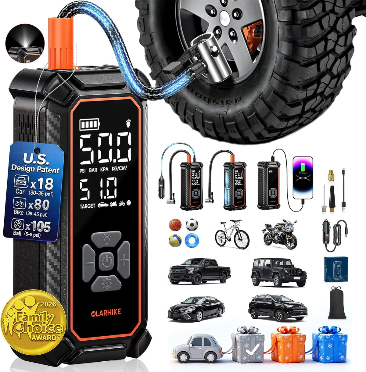 OlarHike Tire Inflator Portable Air Compressor, 150PSI Dual Power - 6000mAh