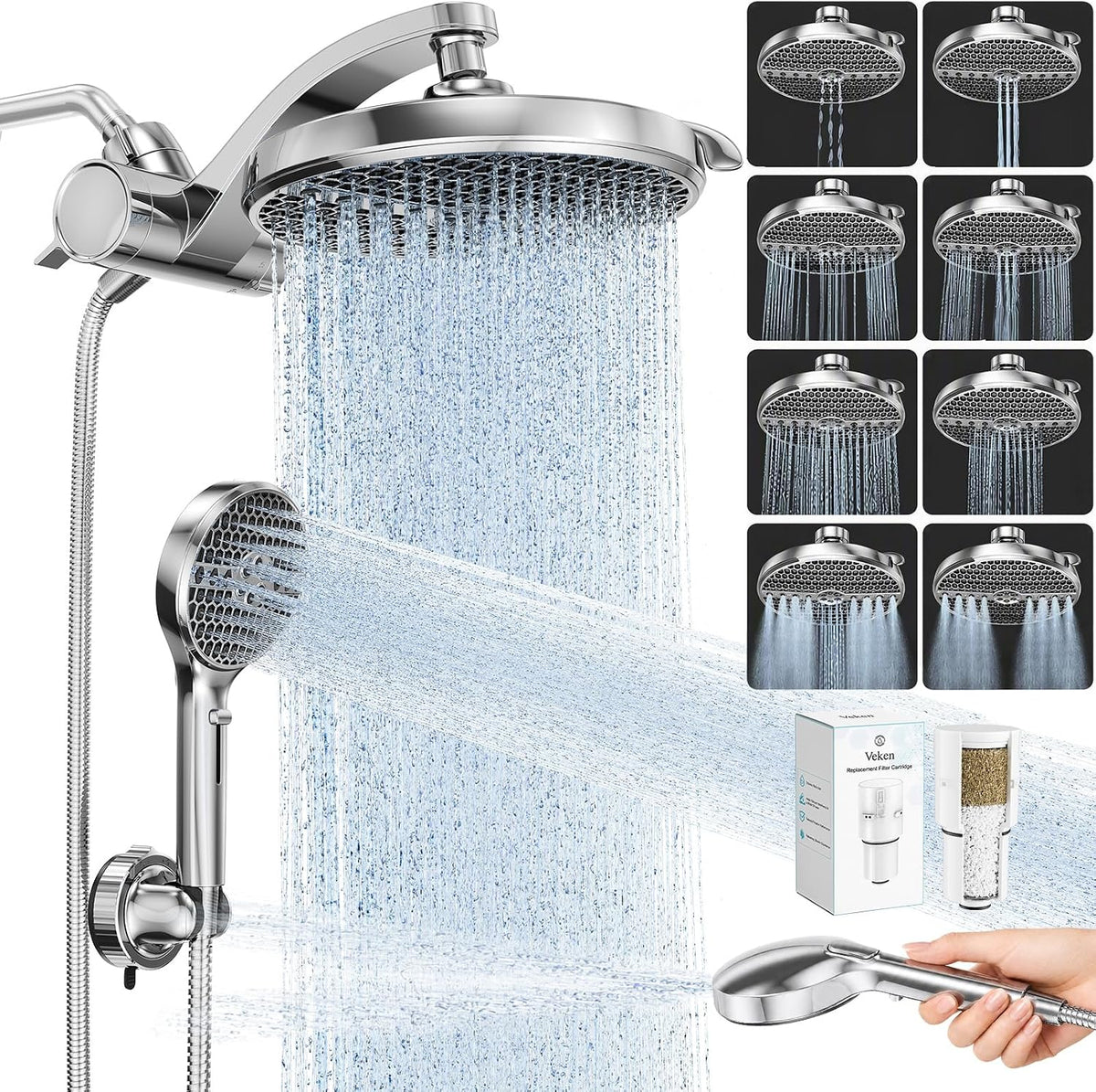 Veken Filtered Shower Head with Handheld, Multi-Pattern Rain Showerhead Set