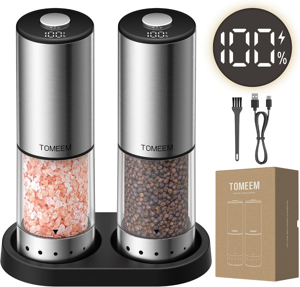 TOMEEM Rechargeable Electric Salt and Pepper Grinder Set, Battery Display