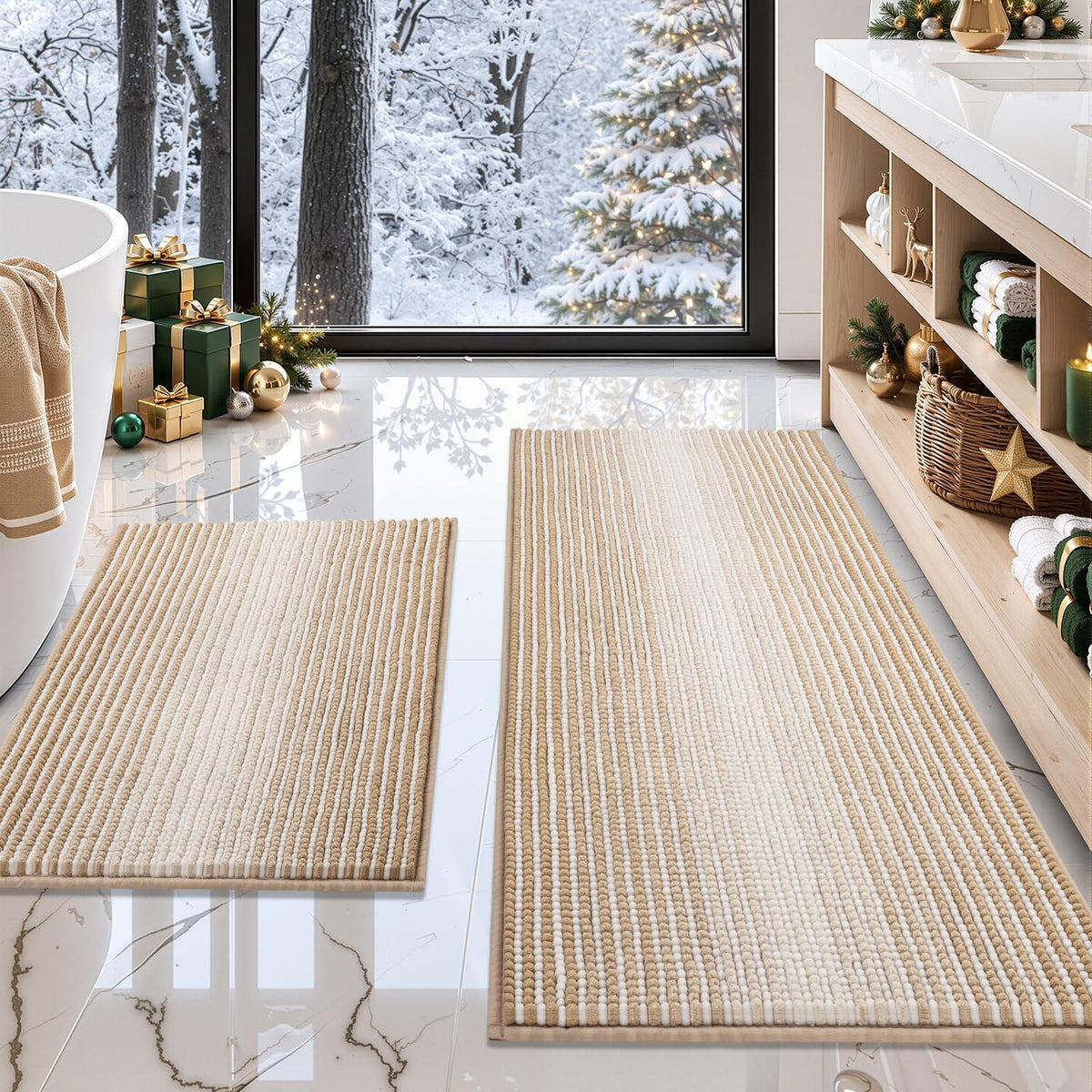 Bathroom Rugs Sets 2 Piece, Non Slip Boho Bath Mats, Beige