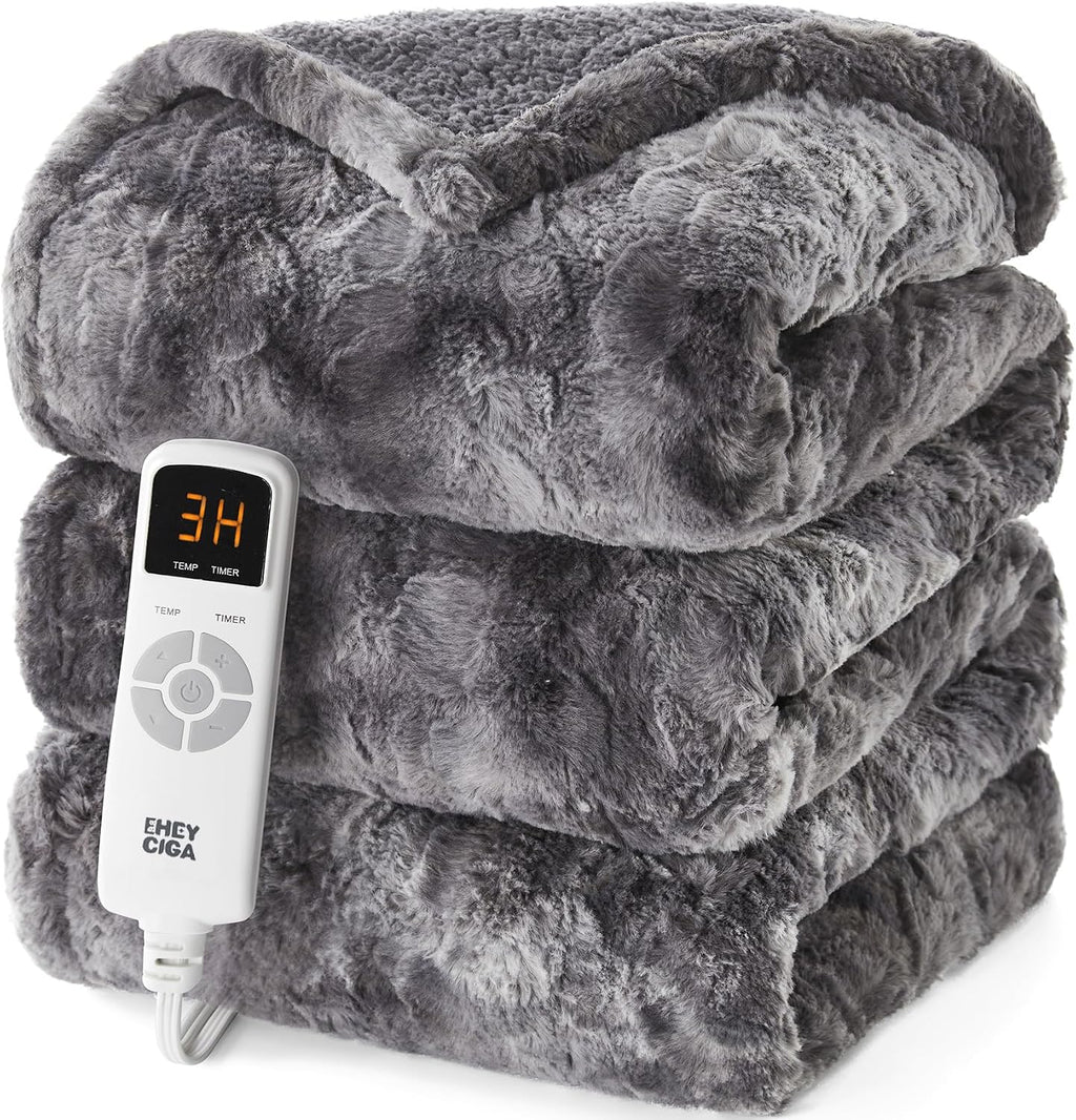 EHEYCIGA Electric Heated Throw Blanket 50"x60", Faux fur & sherpa , Grey