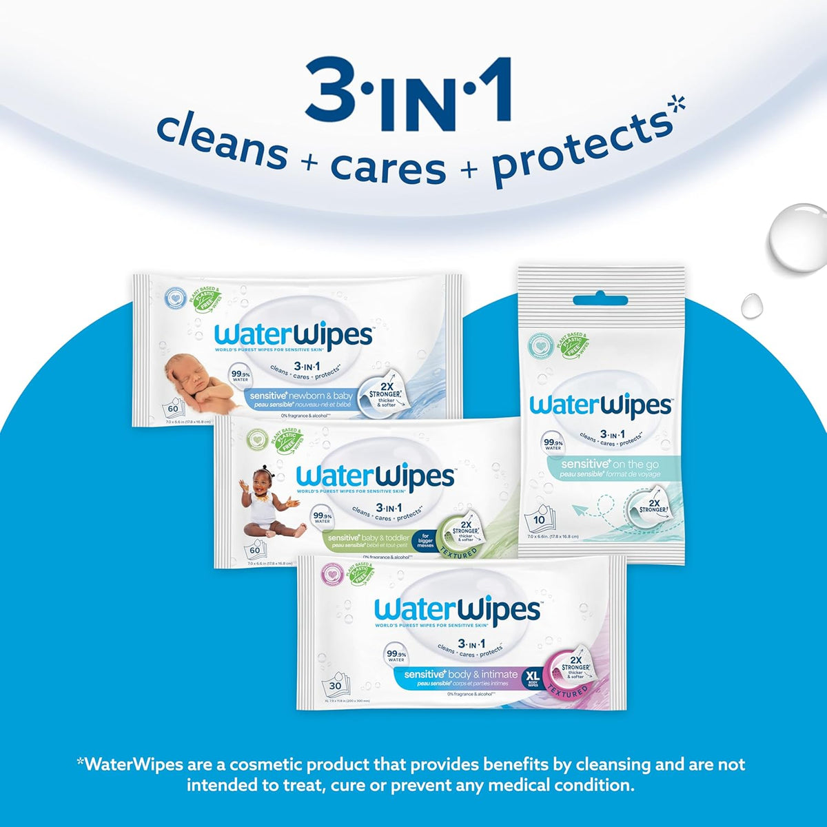 WaterWipes Sensitive+ Baby & Toddler Wipes, 3-In-1 Cleans, Cares, Protects