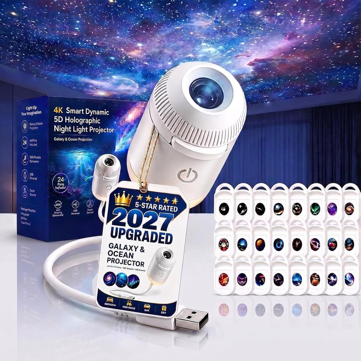 2027 Upgraded Hd Smart Dynamic 5d Holographic Night Light Projector, Plug