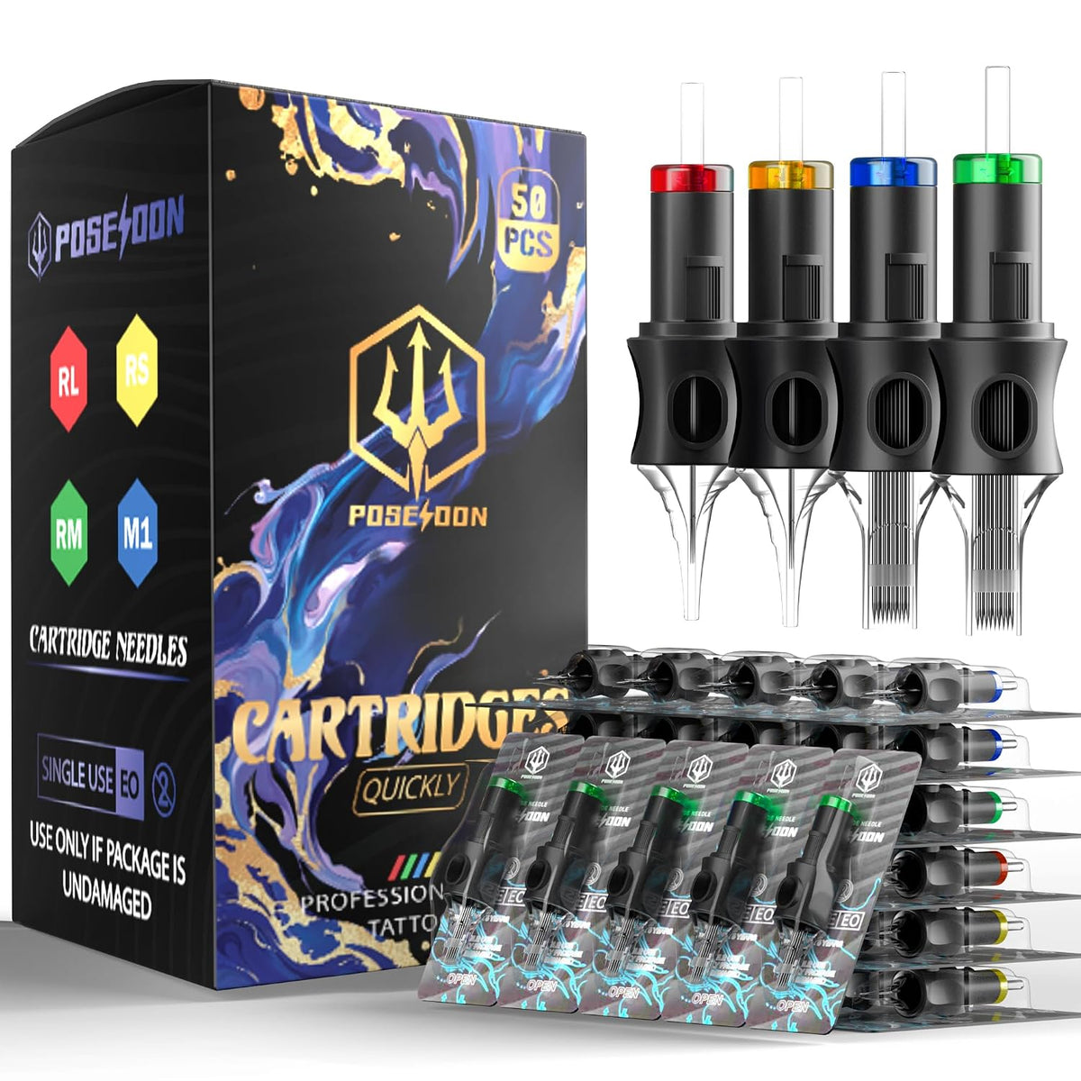 POSEIDON 50PCS Tattoo Cartridge Needles Assorted Mixed Size #12 Round Liner Shader Magnum