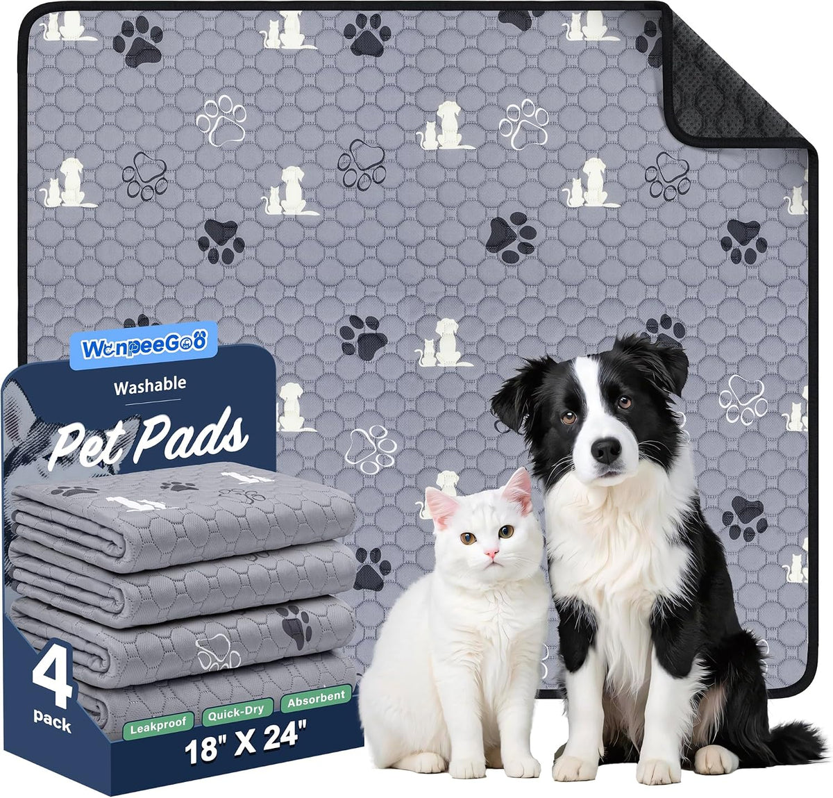 Washable Pee Pads for Dogs, Waterproof, 18 x 24 In, 4 Pack, Gray